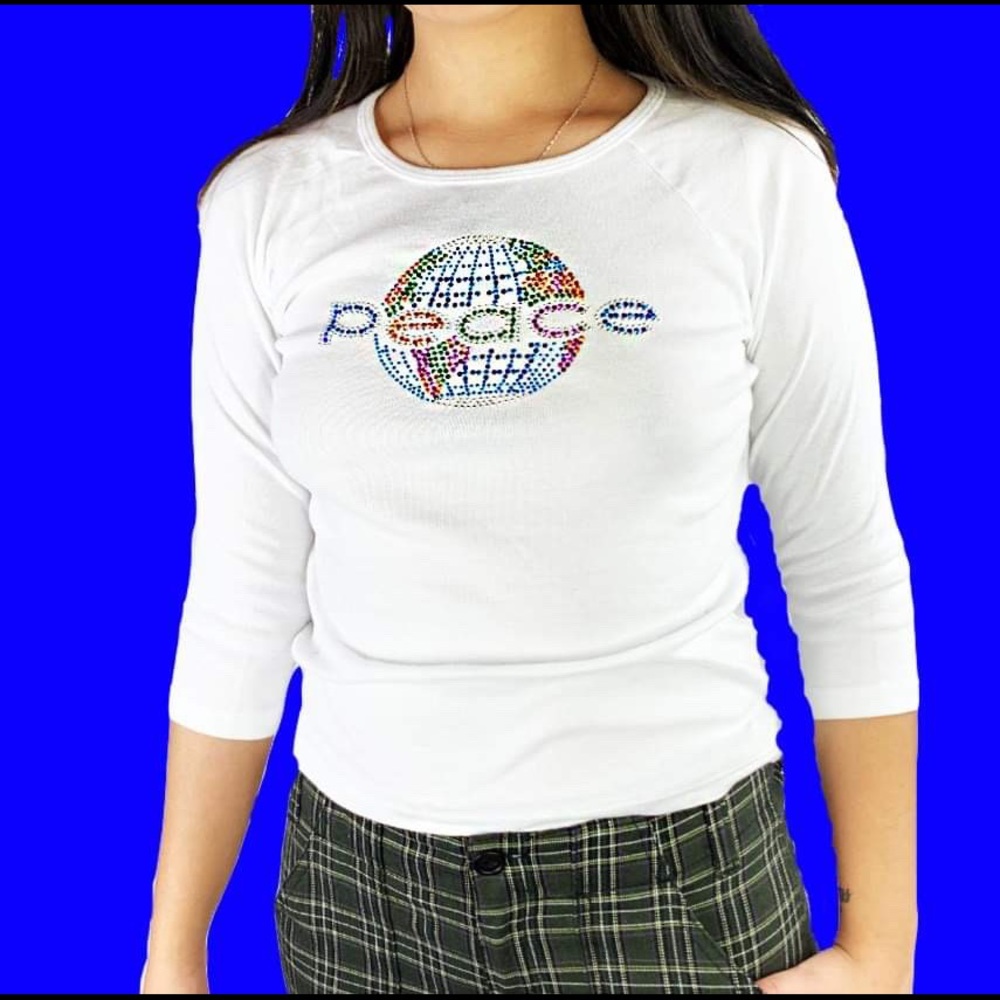 RAINBOW RHINESTONE LONG SLEEVE WHITE BABY TEE